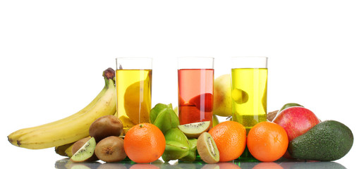 Assortment of exotic fruits and juice isolated on white