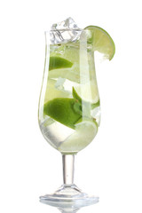 glass of cocktail with lime and mint isolated on white
