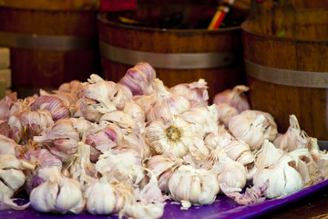 Fresh vegetables, garlic on a market