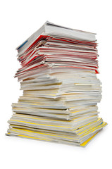 Books in high stack isolated on white