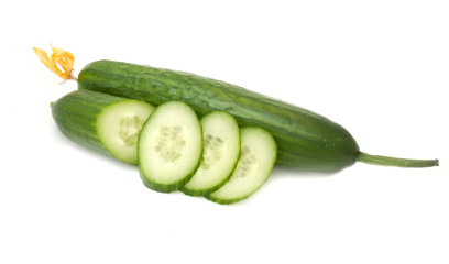 Fresh Green Cucumber with Slices Isolated on White Background