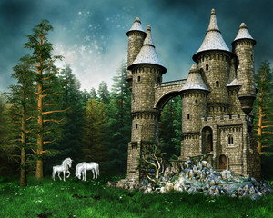 Baśniowy zamek na łące z białymi jednorożcami © Obsidian Fantasy