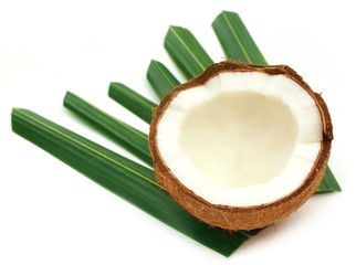 Fresh Coconut with green leaves over white background