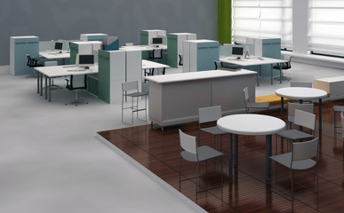 Interior  office with system office desks and lounge area