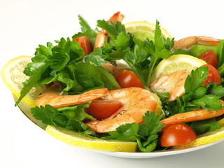Healthy dish with shrimps, isolated