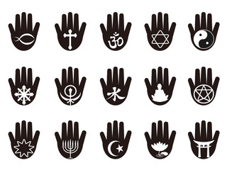 hand with religious symbols icon