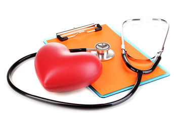 Stethoscope, heart and blank clipboard isolated on white
