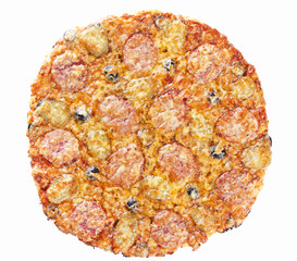 Italian cuisine. Pizza with salami, pickles and olives