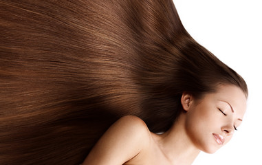 woman with long brown shiny healthy hair