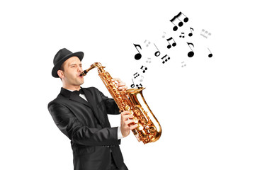 A man playing on saxophone and notes coming out
