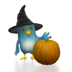 Bluebird with witch hat and pumpkin