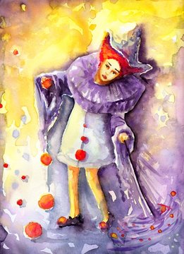 ilustracja przedstawiająca klauna kręcącego  piłeczkami