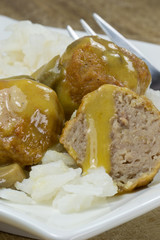 Meat balls in gravy on a white plate