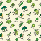 pattern with green cartoon fruits and vegetables