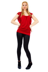 Fototapeta premium Woman in red and black on white