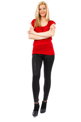 Fototapeta premium Woman in red and black on white