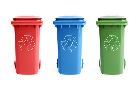 Three colorful recycle bins isolated on white background
