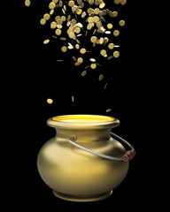 Golden pot full of gold coins 3d render