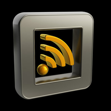3D button icon with rss symbol isolated on black