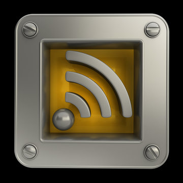 3D button icon with rss symbol isolated on black
