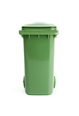 Green plastic garbage bin isolated on white background