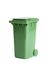 Green garbage, trash bin isolated on white background - obrazy, fototapety, plakaty