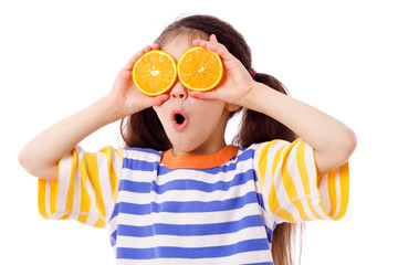 Funny girl with fruits on eyes