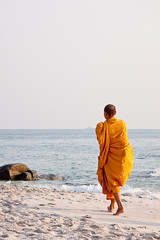 Monk walking on the beach