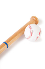 Baseball with wooden bat on white