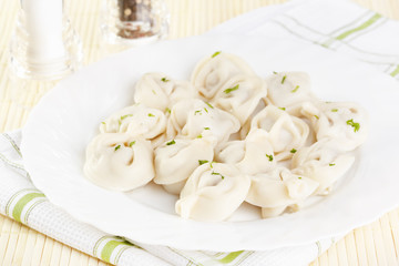 Traditional Russian cuisine. Pelmeni on white plate