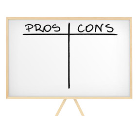 Pros and cons table on white presentation board