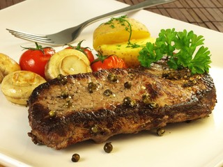 Grilled steak, vegetables
