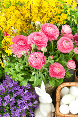 bouquet of spring flowers with easter decoration