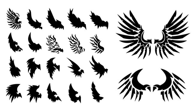 22 set of Wings. Elements for design. Vector illustration.