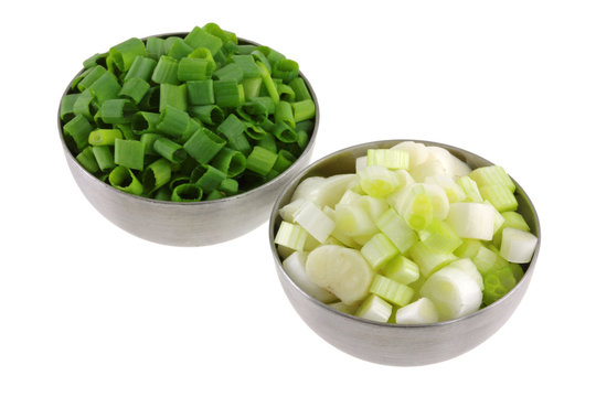 Bowl of Chopped Spring Onion, green leaves isolated on white