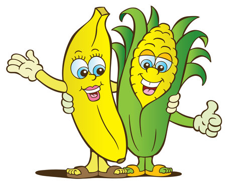 Banana and corn healthy eating characters