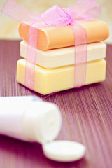 stacked soaps and beauty lotion