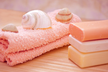 Obraz na płótnie Canvas daily spa objects, towel, soaps, shells