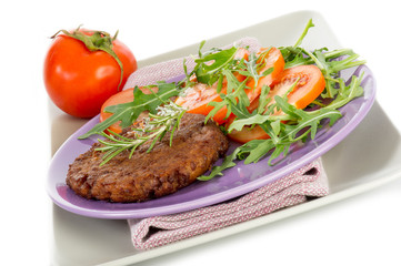 soy steak with arugua and tomatoes salad