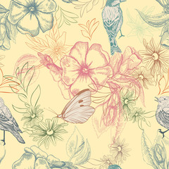 Spring pattern with butterflies and birds on apple flowers