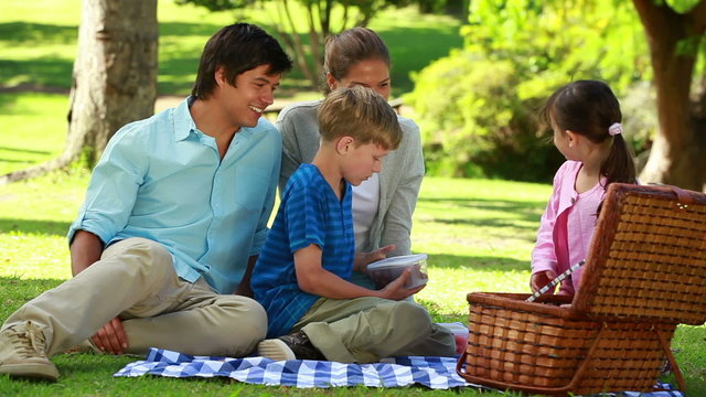 Happy family sitting on a blanket during a picnic