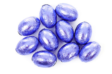 Purple chocolate easter eggs in closeup