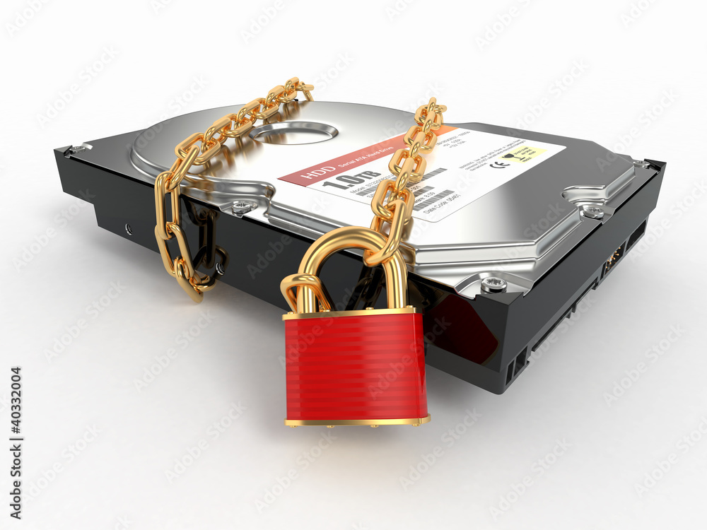 Poster Protected hdd. Chain and lock on hard disk drive