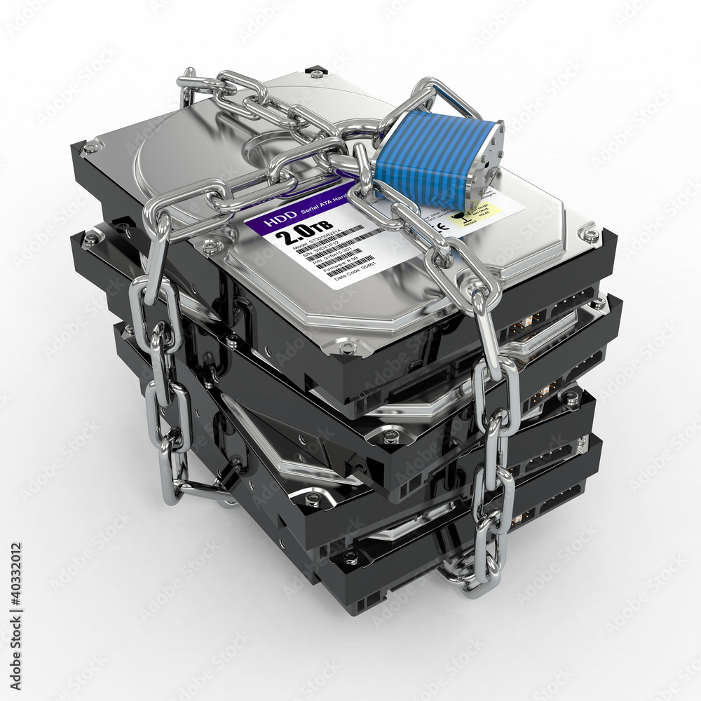 Poster protected hdd. chain and lock on hard disk drive