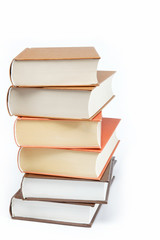 A stack of books on a white background.