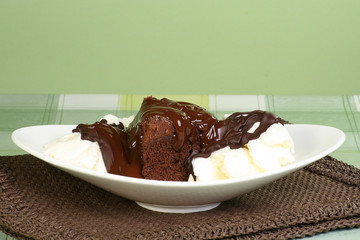 fudge cake and ice cream