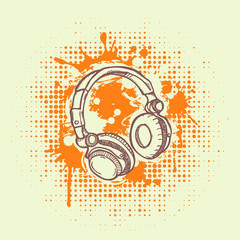 Vector illustation of headphones on  grunge background