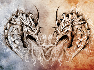 Tattoo art, fantasy medieval dragons heart