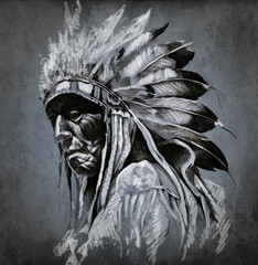 Tattoo art, portrait of american indian head over dark backgroun - obrazy, fototapety, plakaty