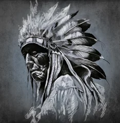 Gordijnen Tattoo kunst, portret van amerikaanse indiaan hoofd over donkere backgroun © Fernando Cortés